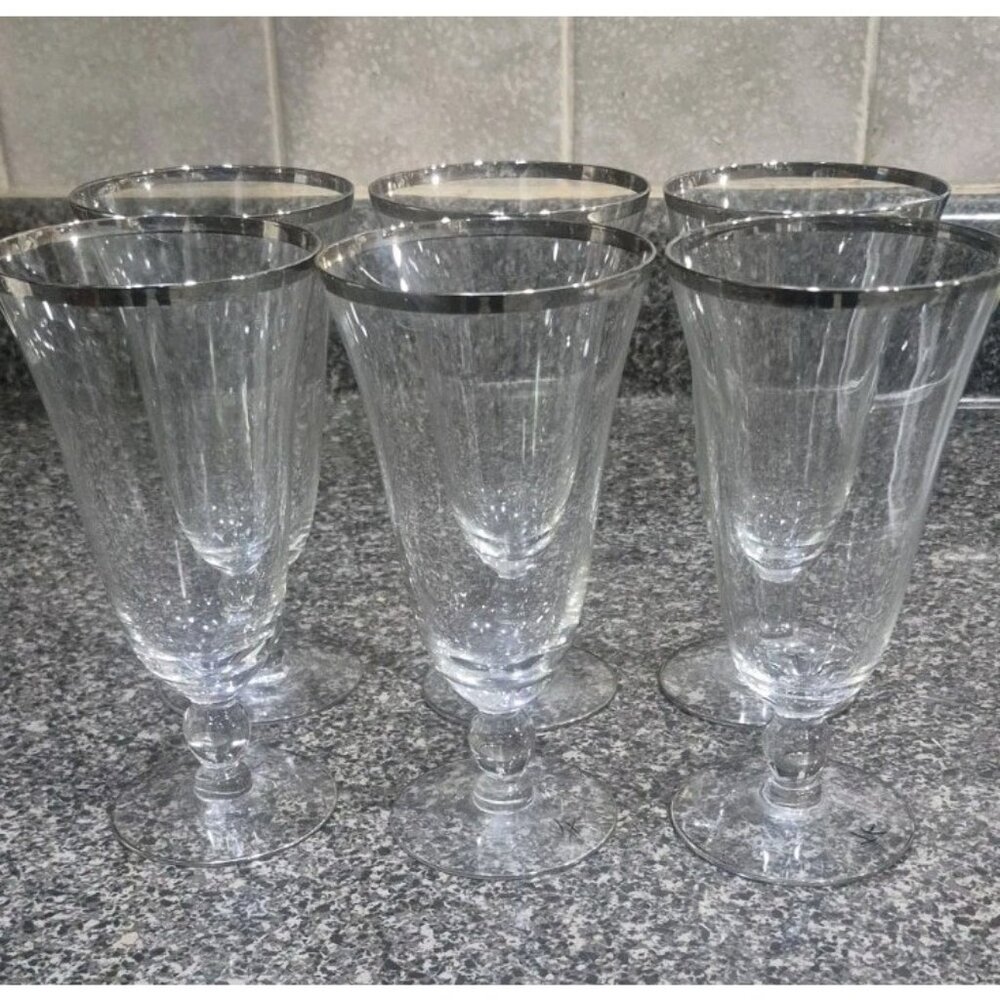 Set Of (6) Platinum Rim BarWare Vintage Glasses Goblet Revere Glastonbury Lotus